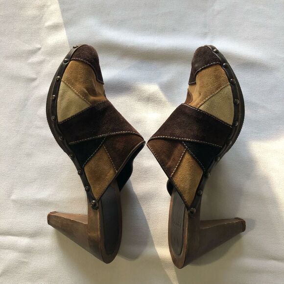 Coach Fallon Women’s 8 Brown Patchwork Suede Wool Mule Heels - Picture 3 of 7